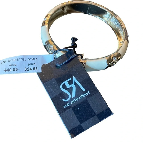 SAKS FIFTH AVENUE Cream/Gold Accents Hinged Bangle Bracelet New In Packaging NWT - Picture 2 of 6